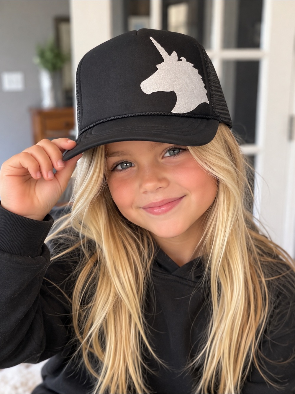 Kids Black Trucker Hat with Silver Unicorn -